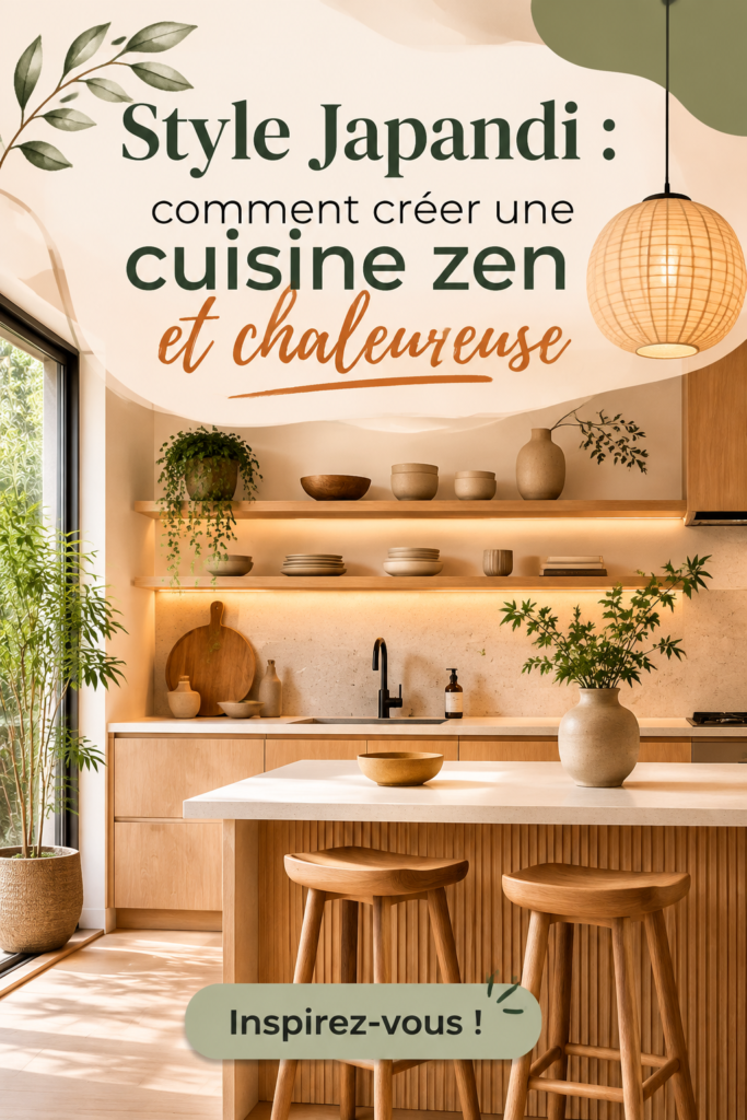 Cuisine aménagée dans le style Japandi, avec des matériaux naturels et des couleurs douces.