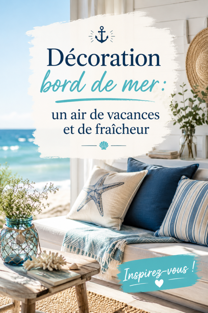 Salon décoré dans un style bord de mer avec des touches de bleu et des éléments naturels.