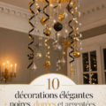 Décorations élégantes en noir, or et argent pour le Nouvel An, créant une ambiance raffinée.