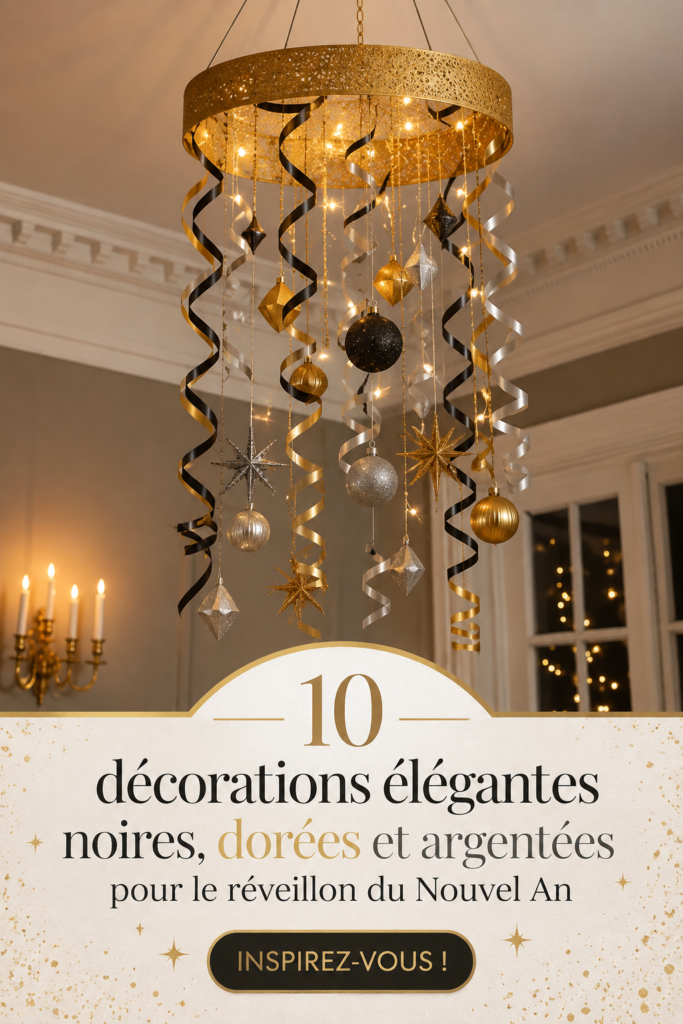 Décorations élégantes en noir, or et argent pour le Nouvel An, créant une ambiance raffinée.