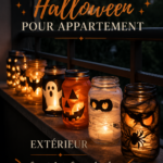 Un appartement décoré pour Halloween avec des éléments bohèmes, tels que des coussins noirs et des guirlandes de lumière.