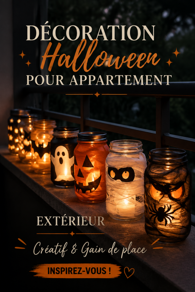 Un appartement décoré pour Halloween avec des éléments bohèmes, tels que des coussins noirs et des guirlandes de lumière.
