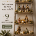 Décoration de Noël décorée autour d'une échelle en bois, ambiance chaleureuse et bohème.
