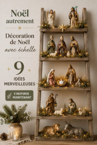 Décoration de Noël décorée autour d'une échelle en bois, ambiance chaleureuse et bohème.