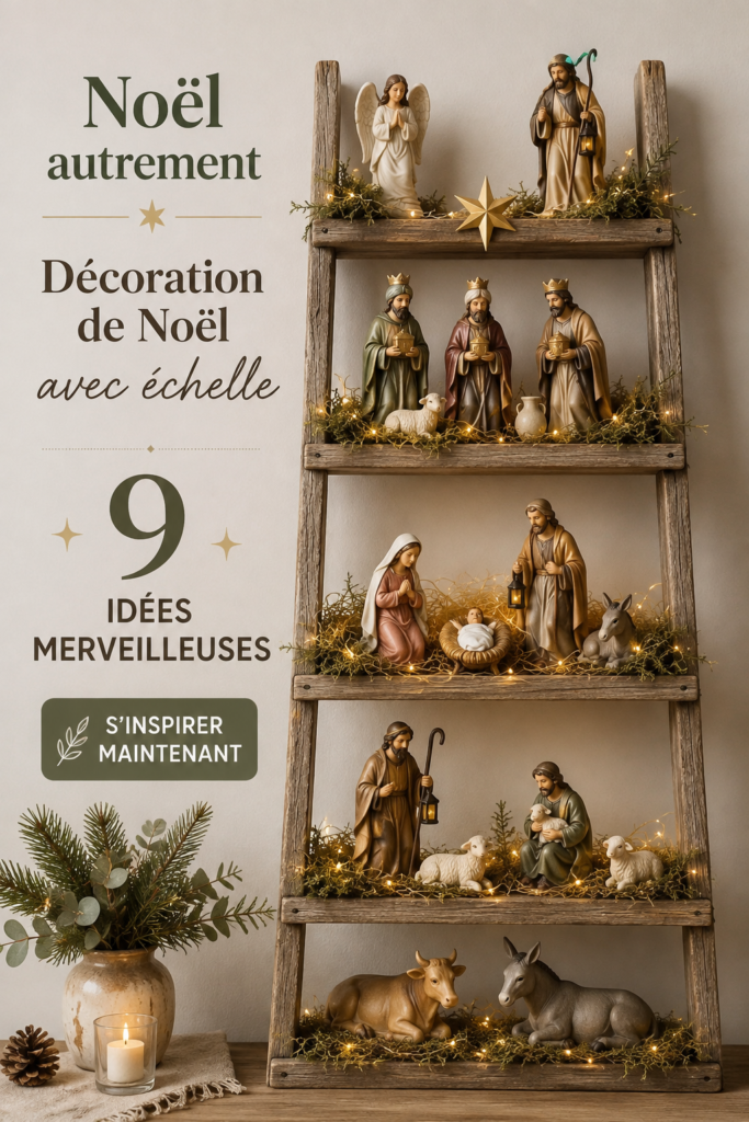 Décoration de Noël décorée autour d'une échelle en bois, ambiance chaleureuse et bohème.