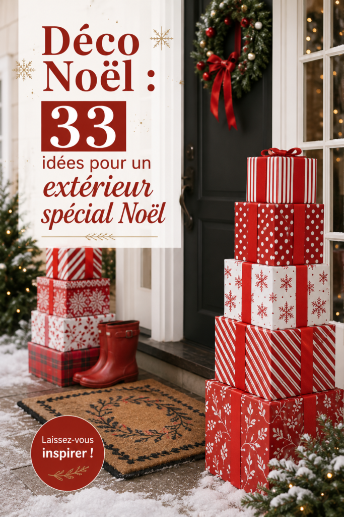Jardin joliment décoré pour Noël avec des lumières et des ornements festifs dans un style bohème.