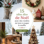 Décoration de Noël avec des rondins de bois dans un salon lumineux.