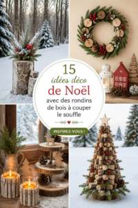 Décoration de Noël avec des rondins de bois dans un salon lumineux.