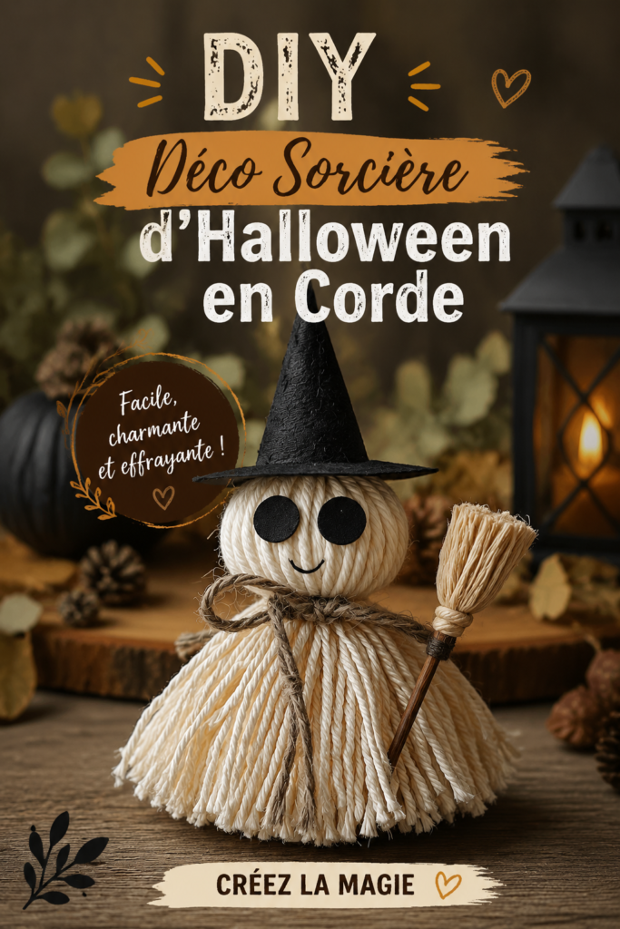 Déco sorcière en corde pour Halloween dans un intérieur bohème.