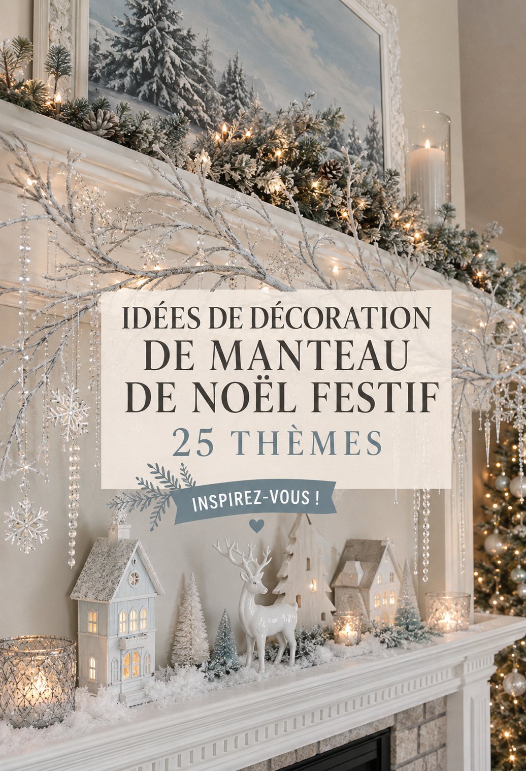 Cheminée décorée pour Noël avec des éléments bohèmes et festifs.