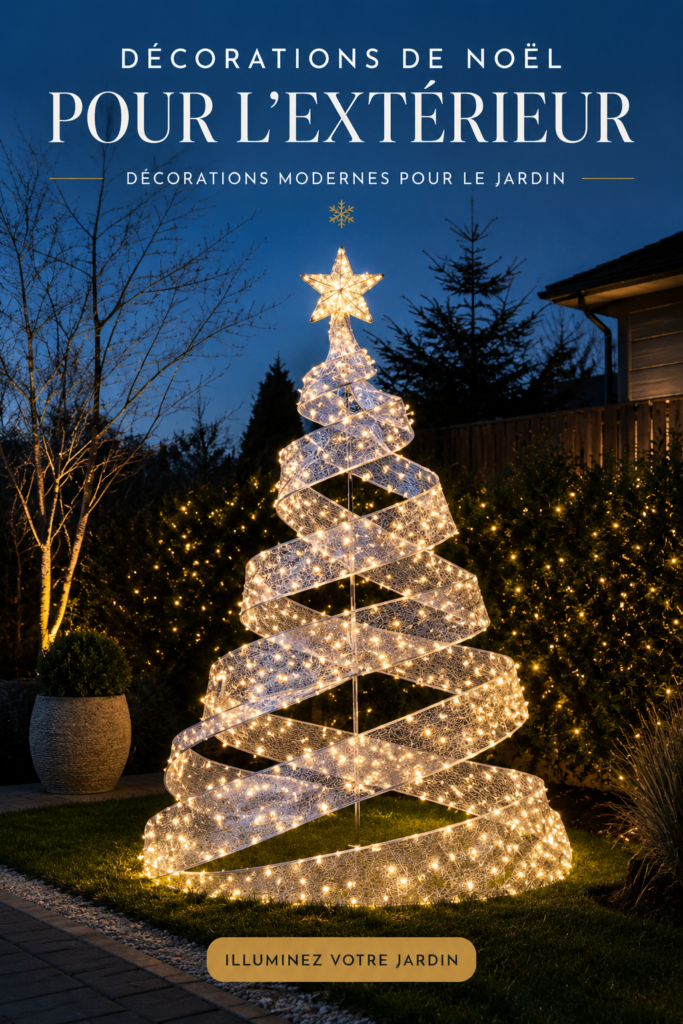Décoration extérieure moderne de Noël avec des lumières scintillantes et des ornements colorés dans un jardin
