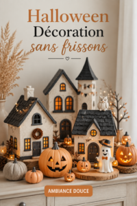 Décoration d'Halloween chaleureuse dans un intérieur bohème avec des éléments naturels.