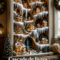 Une bibliothèque décorée avec une cascade de décoration de Noël en style bohème