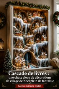 Une bibliothèque décorée avec une cascade de décoration de Noël en style bohème