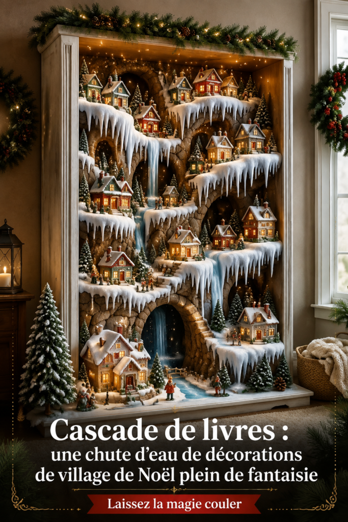 Une bibliothèque décorée avec une cascade de décoration de Noël en style bohème