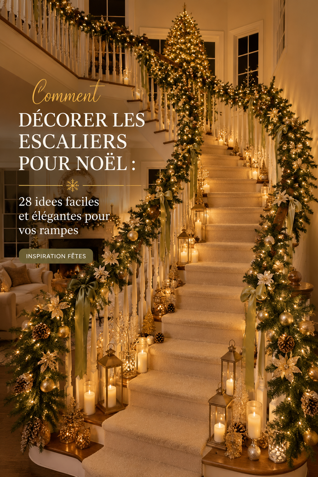 Escalier décoré pour Noël avec guirlandes lumineuses et accessoires bohèmes