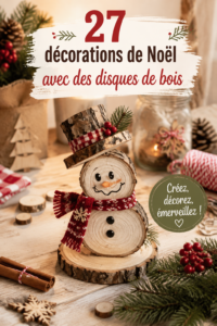 Décorations de Noël faites de disques de bois, offrant une ambiance chaleureuse et naturelle.