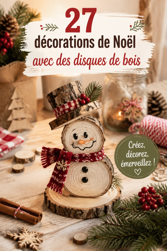 Décorations de Noël faites de disques de bois, offrant une ambiance chaleureuse et naturelle.