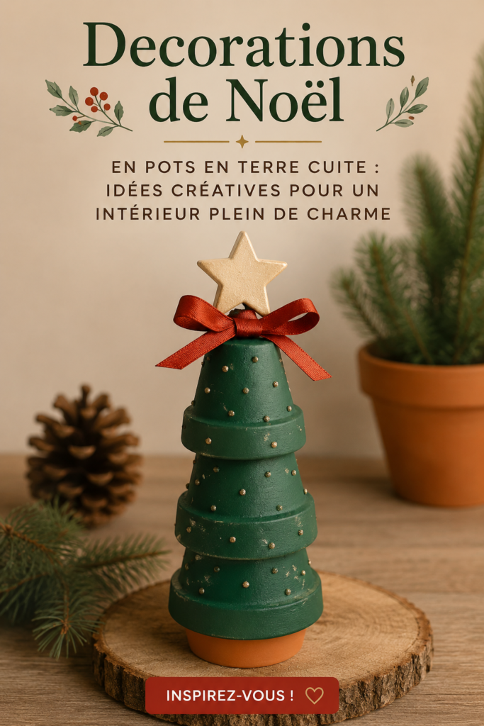 Décorations de Noël en pots en terre cuite sur une table, créant une ambiance chaleureuse et naturelle.