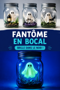 Un fantôme en bocal décoratif pour Halloween sur une table en bois