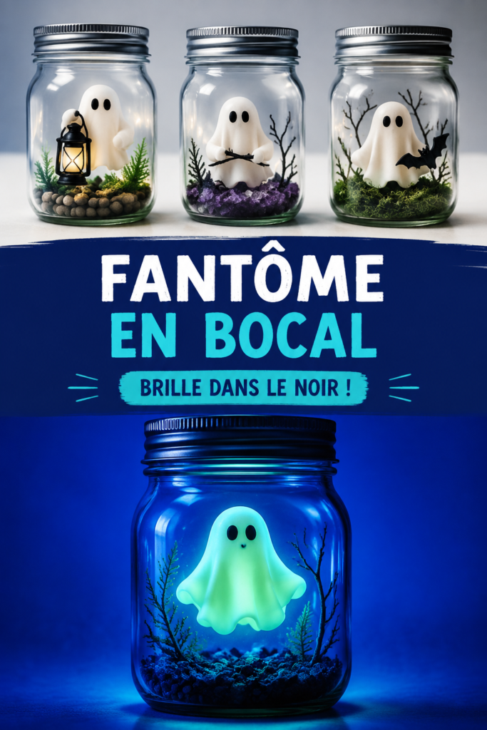 Un fantôme en bocal décoratif pour Halloween sur une table en bois