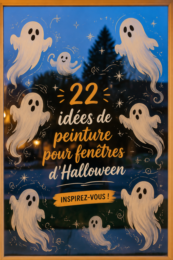 Fenêtre peinte pour Halloween dans un style bohème, avec motifs colorés et chaleureux.
