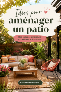 Patio décoré dans un style bohème avec des coussins colorés et des plantes luxuriantes.