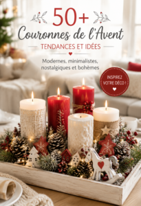 Couronne de l'Avent bohème décorée avec des éléments naturels et rustiques.