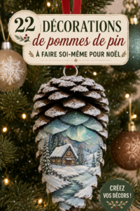 Décorations de Noël chaleureuses réalisées avec des pommes de pin disposées sur une table en bois.