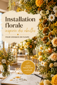 Installation florale bohème inspirée des abeilles dans un salon chaleureux.