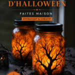 Lanternes d'Halloween créées avec des bocaux en verre, éclairées pour une ambiance mystérieuse.