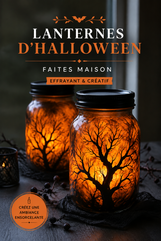 Lanternes d'Halloween créées avec des bocaux en verre, éclairées pour une ambiance mystérieuse.