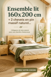 Chambre décorée dans un style bohème avec un lit 160x200 cm en pin massif