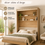 Un lit escamotable 140x200 cm en chêne et beige dans une chambre au style bohème.
