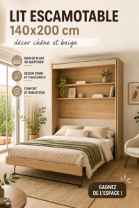 Un lit escamotable 140x200 cm en chêne et beige dans une chambre au style bohème.