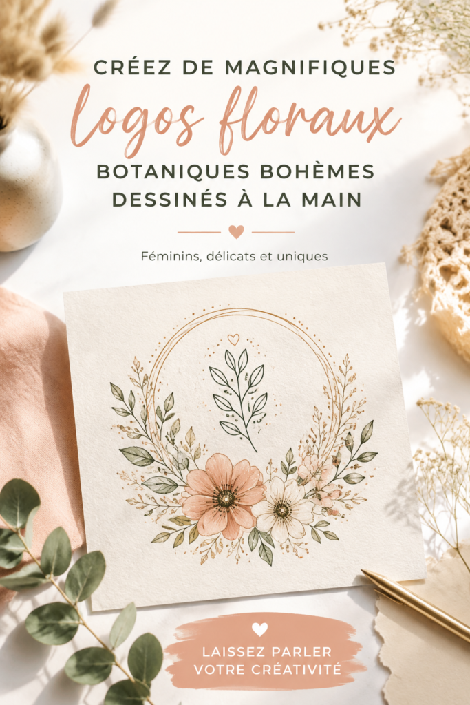 Un logo floral bohème dessiné à la main, qui capte l'attention avec des motifs doux et naturels.