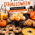 Un menu d'Halloween coloré sur une table décorée, avec des plats réconfortants