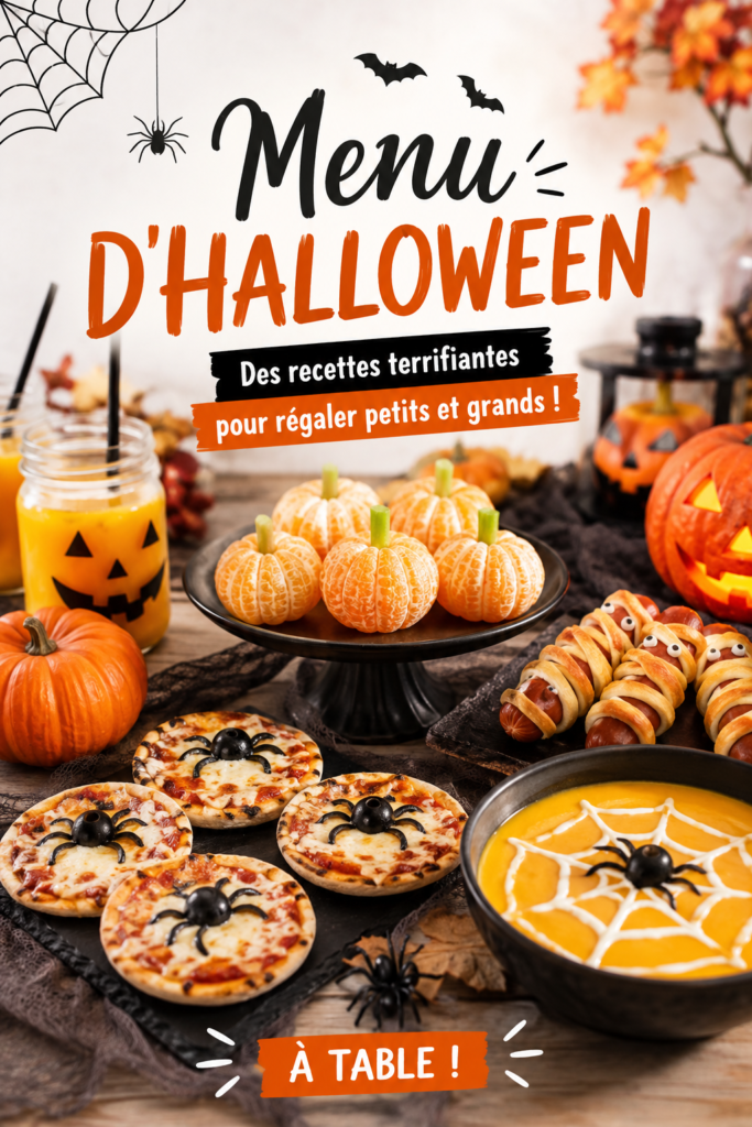 Un menu d'Halloween coloré sur une table décorée, avec des plats réconfortants