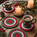 Dessous de verre au crochet colorés sur une table décorée, ajoutant une touche bohème.