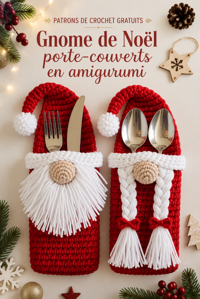 Porte-couverts en amigurumi gnome coloré sur une table de Noël