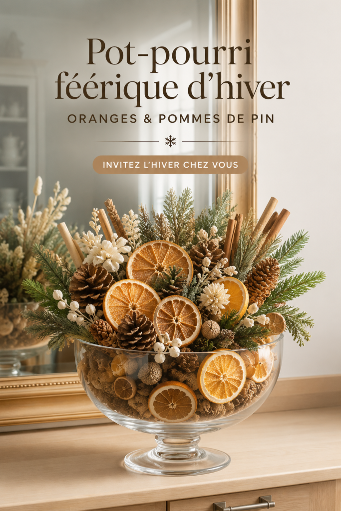 Potpourri hivernal fait maison avec oranges et pommes de pin sur une table en bois