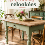Table ancienne relookée dans un style bohème, avec des éléments décoratifs naturels.