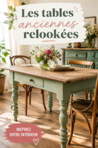 Table ancienne relookée dans un style bohème, avec des éléments décoratifs naturels.