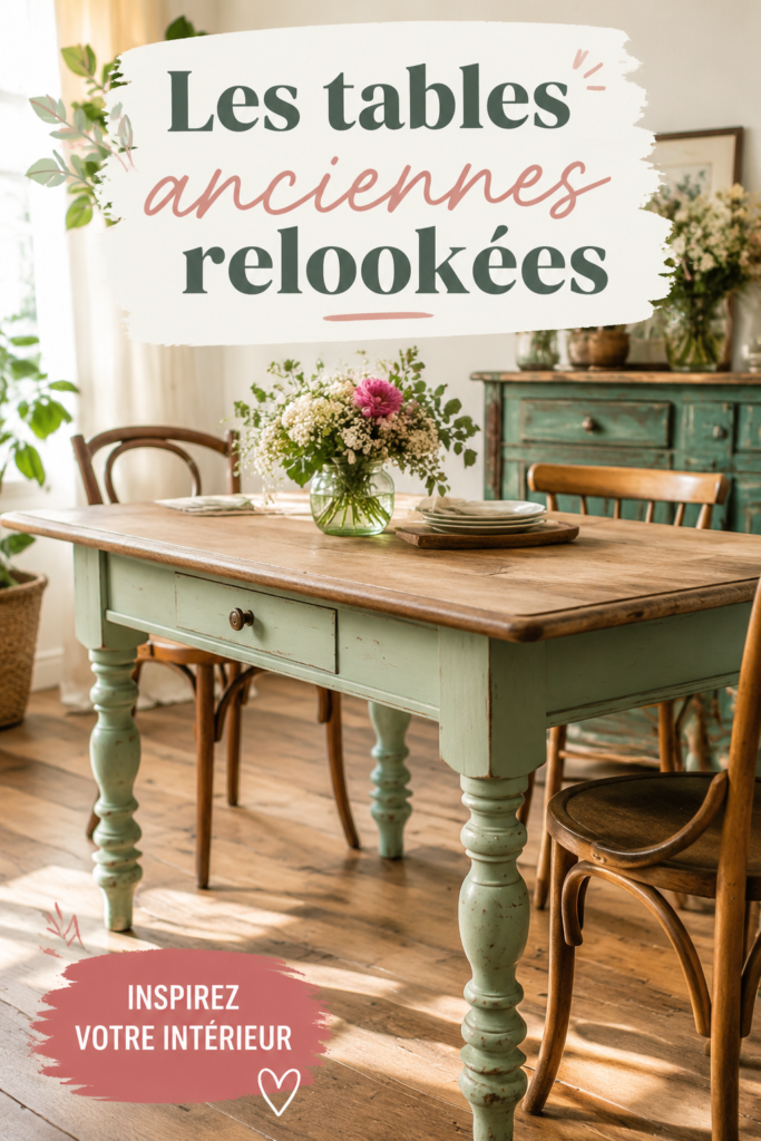 Table ancienne relookée dans un style bohème, avec des éléments décoratifs naturels.
