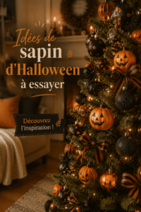 Sapin décoré pour Halloween dans un style bohème avec des ornements naturels et chaleureux