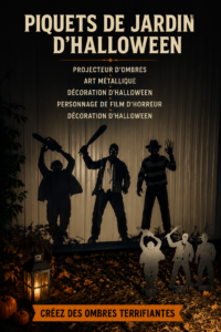 Jardin décoré avec des stakes en métal pour Halloween, ambiance mystérieuse