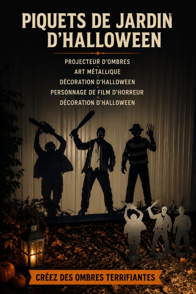 Jardin décoré avec des stakes en métal pour Halloween, ambiance mystérieuse