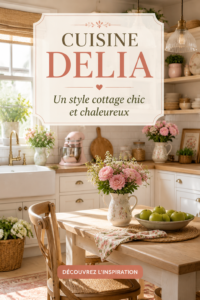 Cuisine chaleureuse au style cottage chic avec des meubles en bois et des textures douces.