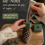 Suspension bohème en cônes et branches de sapin suspendue au plafond dans un intérieur chaleureux.