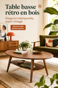 Table basse en bois au style bohème avec des éléments décoratifs chaleureux.